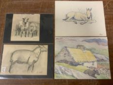 R.W 4 pencil drawings and 2 watercolours, mainly animals