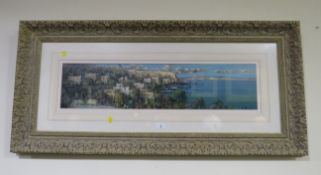 N. MOORD ? An oil on canvas of a Continental harbour, framed and glazed 18 x 78 cm