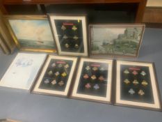 Four framed Marston beer pictures together with a seascape oil painting, and two prints. 970