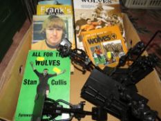 A tray of collectables to include Wolverhampton wanders books, novelty nut/bolt/spring figures etc