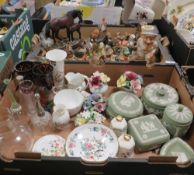 Three trays of assorted ceramics and glass to include, Wedgwood and Aynsley etc