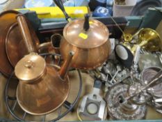 A tray of assorted metal ware to include cooper stove top coffee pot etc
