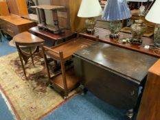 An oak dropleaf table, mahogany trolley, mahogany dropleaf table etc…. (5)