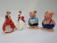 A Royal Doulton figurines with a Royal Worcester example and two wade Natwest piggy banks