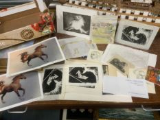 A small tray of etchings and watercolours etc