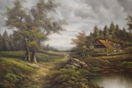 ALFREDO. A large oil on canvas of a country landscape with a cottage, 60 x 90 cm, together with a