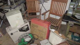 Two folding hardwood garden chairs with 2 boxed lights, 2 pans etc