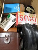 A tray of vintage cameras and accessories etc