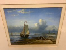 R Mario - A oil painting depicting a coastal scene with figures and boats, signed lower left, framed