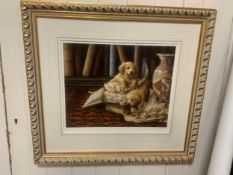 Maggie Miller - A signed limited edition coloured print of puppies, framed, 40 x 48 cm