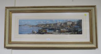 N. MOORD ? An oil on canvas of a Continental harbour, framed and glazed 18 x 78 cm