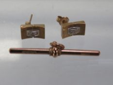 A pair of 9k diamond set earrings together with a hallmarked 9 carat gold T-bar approx combined