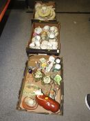 Three trays of assorted ceramics to include a shop display bull etc