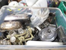 A tray of silver plated and metalware