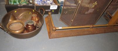 A quantity of metal ware to include a large twin handled stove top pan, fender etc