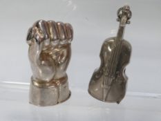Two novelty silver plated vesta's, one in the form of a violin and the other in the form of a