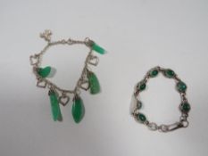 Two silver green stone charm bracelets