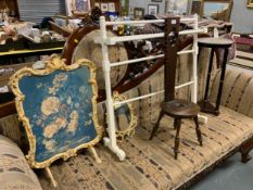 A vintage cream metal fire screen together with small mirror, painted towel rail, spinning stool and