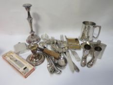 A box of assorted silver plated ware to include a candlestick etc