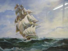 C. TRANCO. A small oil painting of a sailing ship in stormy waters, framed and glazed, 19.5 x 24.5
