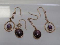 Two pairs of amethyst earrings set in yellow metal