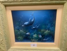An unusual oil on board depicting dolphins, signed but indistinct, framed, 19 x 24.5 cm