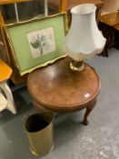 A circular occasional table, retro tray, oynx table lamp and a scuttle. (4)