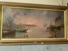 Esposito - A oil on canvas depicting moored boats and ships, signed lower left, framed, 38 x 80 cm