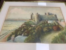 A modern framed oil on canvas together with a watercolour of a castle and a floral print. (3)