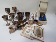 A tray of assorted silver plated ware etc to include goblets