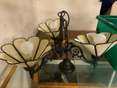 A modern three arm chandelier together with a small crystal style chandelier. (2)