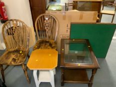 Two wheelback chairs with a modern table, glass coffee table and two card tables. (6)