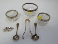 A small collection of hallmarked silver etc to include salt spoons, silver rimmed dishes etc