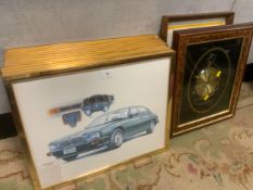 A collection of 11 vintage motoring prints together with a Clock picture and a Wolverhampton