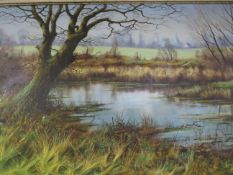 CHRISTOPHER OSBORNE. A large oil on canvas of a lake, framed, 50 x 90 cm