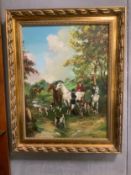 An oil on canvas depicting a hunting scene, signed lower right but indistinct, gilt framed, 60 x