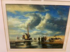 A Vianni - An oil painting depicting a coastal scene it’s figures and boats, signed lower right,