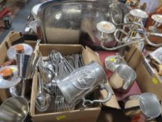 A tray of assorted metal ware to include a five branch candelabra etc