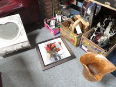 Three boxes of assorted display items together with a wall mounted heart shape mirror with drawers