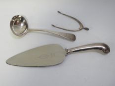 A hallmarked silver sauce ladle with a pair of hallmarked silver wishbone sugar tongs together