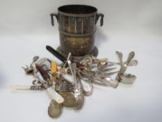 A tray of assorted pewter and silver plated ware