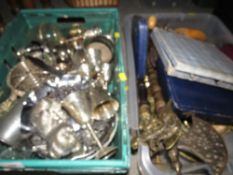 A tray of assorted metal ware together with a tray of collectables