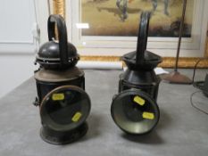 Two antique railway triple aspect lamps (2)