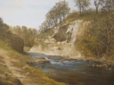EDWARD MILLER - 'River Wharf above Burnsall', see label verso, oil on board, indistinctly signed