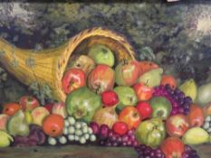 A still life oil on board depicting fruit spilling from a cornucopia basket, together with a