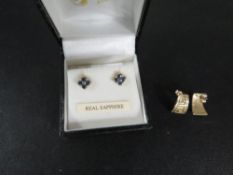 A pair of 9 carat gold sapphire earrings together with a pair of 9 carat gold earrings approx
