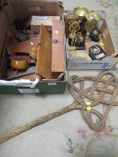 A tray of assorted treen together with a tray of trophy's etc (2)