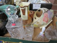 A tray of assorted ceramics and glassware to include an Art Deco jug etc.