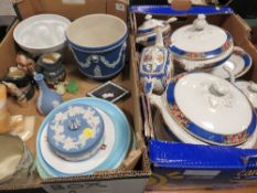 A tray of assorted ceramics to include a Wedgwood planter together with a tray of vintage dinner