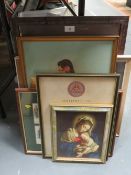 A selection of pictures and prints, to include two mid century style paintings of female nudes